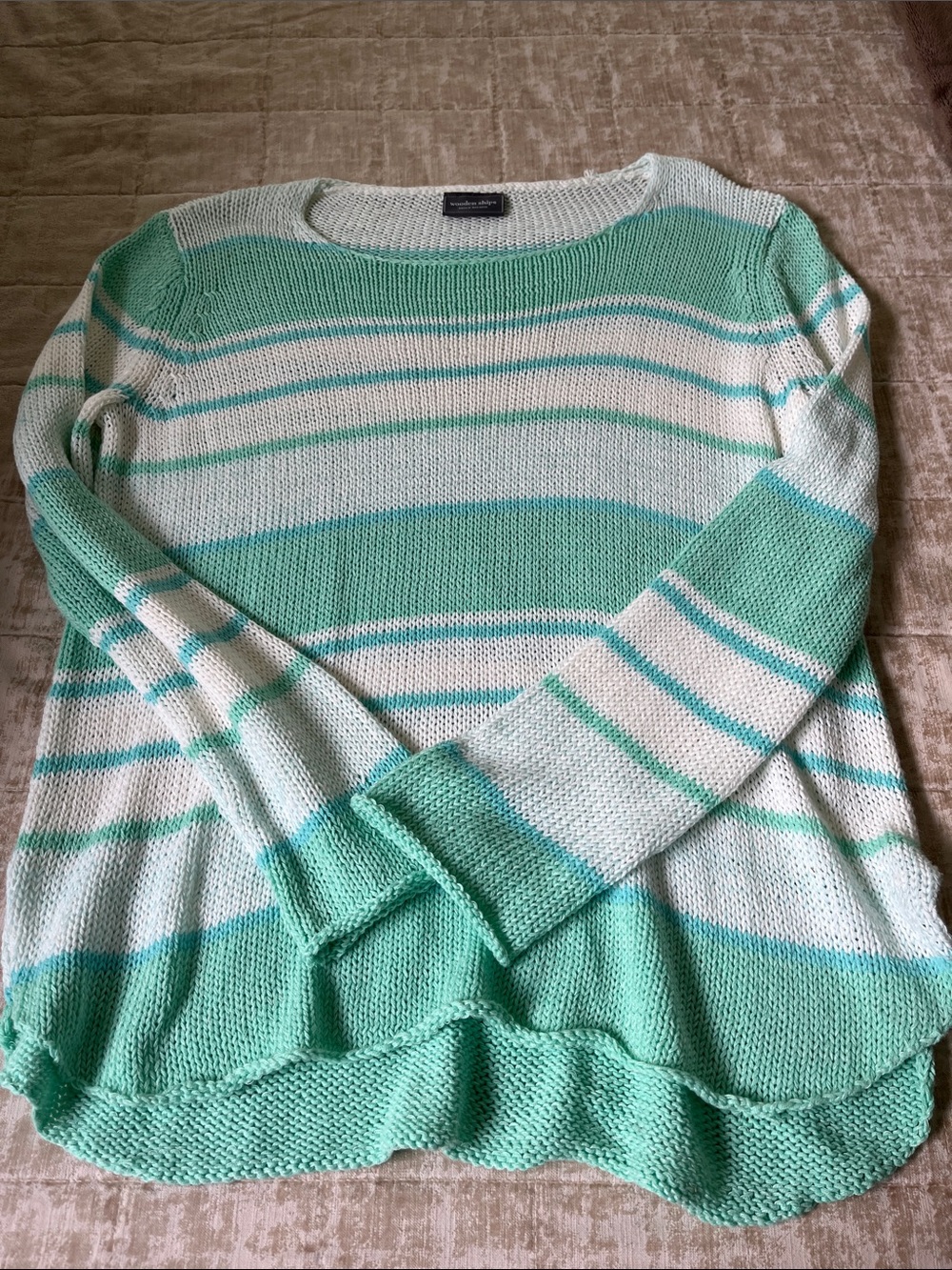 Wooden Ships Mint Green and White Striped Scoopneck Sweater size M/L